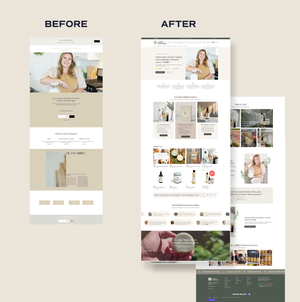 Before and after shot of the Flake Homestead website.