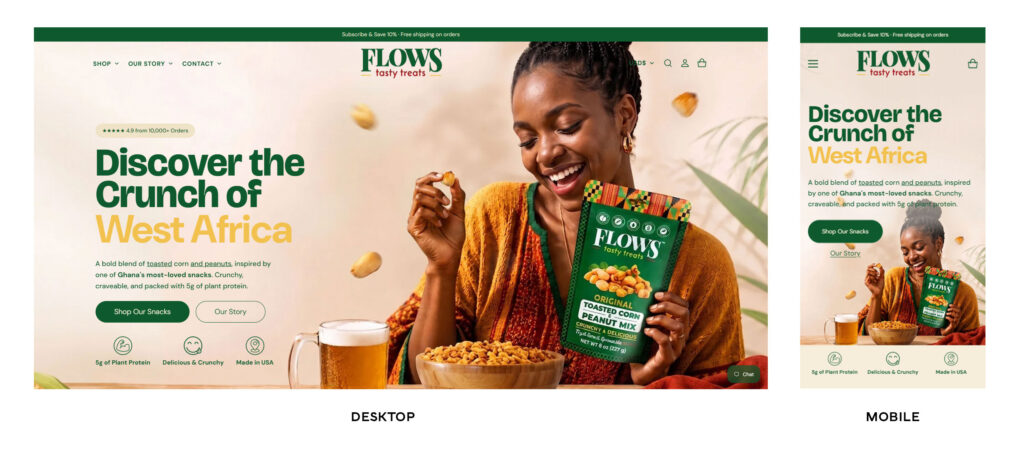Desktop and mobile view of a perfectly optimized shopify brand called Flows tasty treats that I designed from scratch.