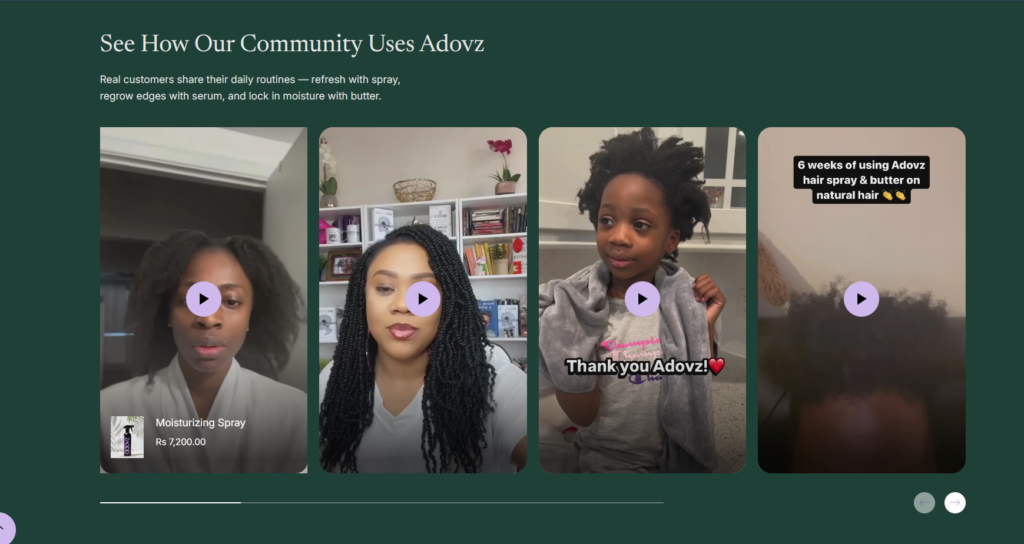 UGC videos placed on a website called Adovz which is natural hair products store for african american audience.